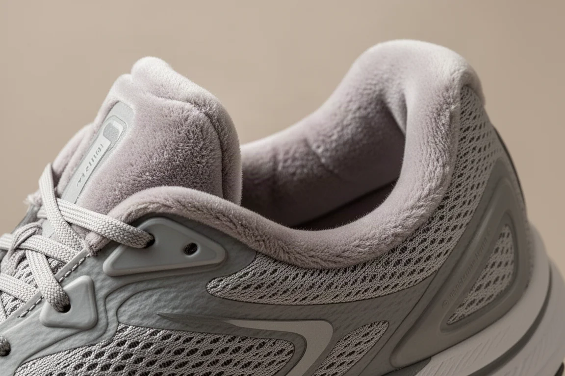 Colletto imbottito e morbido e fodera della linguetta di una scarpa da running