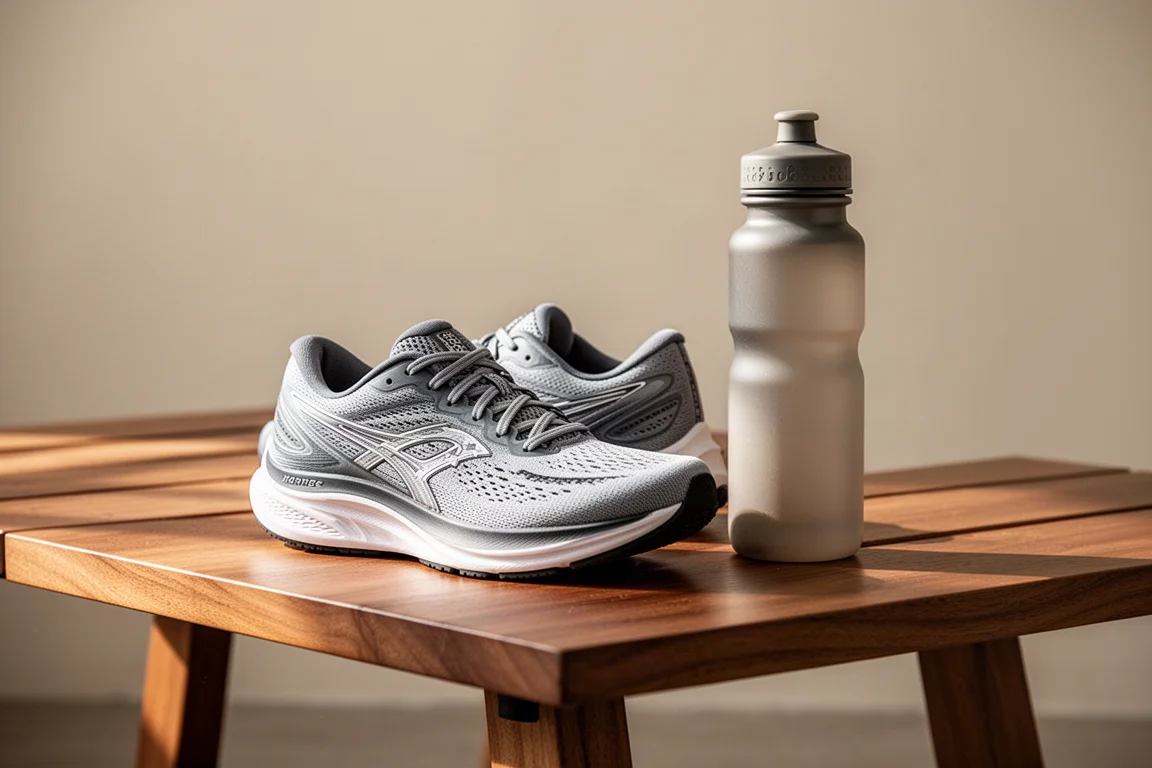 Scarpa da running su una panchina di legno accanto a una borraccia dopo la corsa
