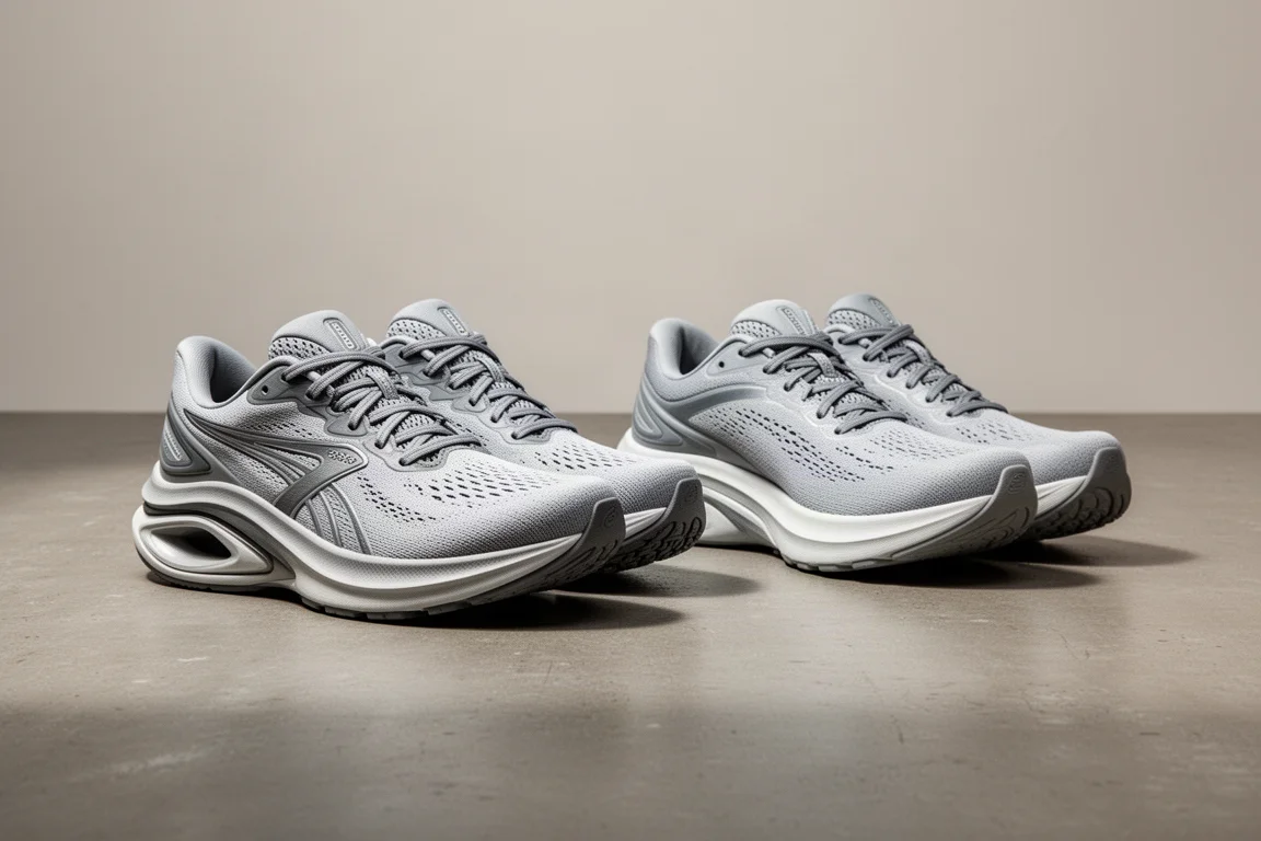 Two pairs of high-cushion stability running shoes side by side on a concrete floor