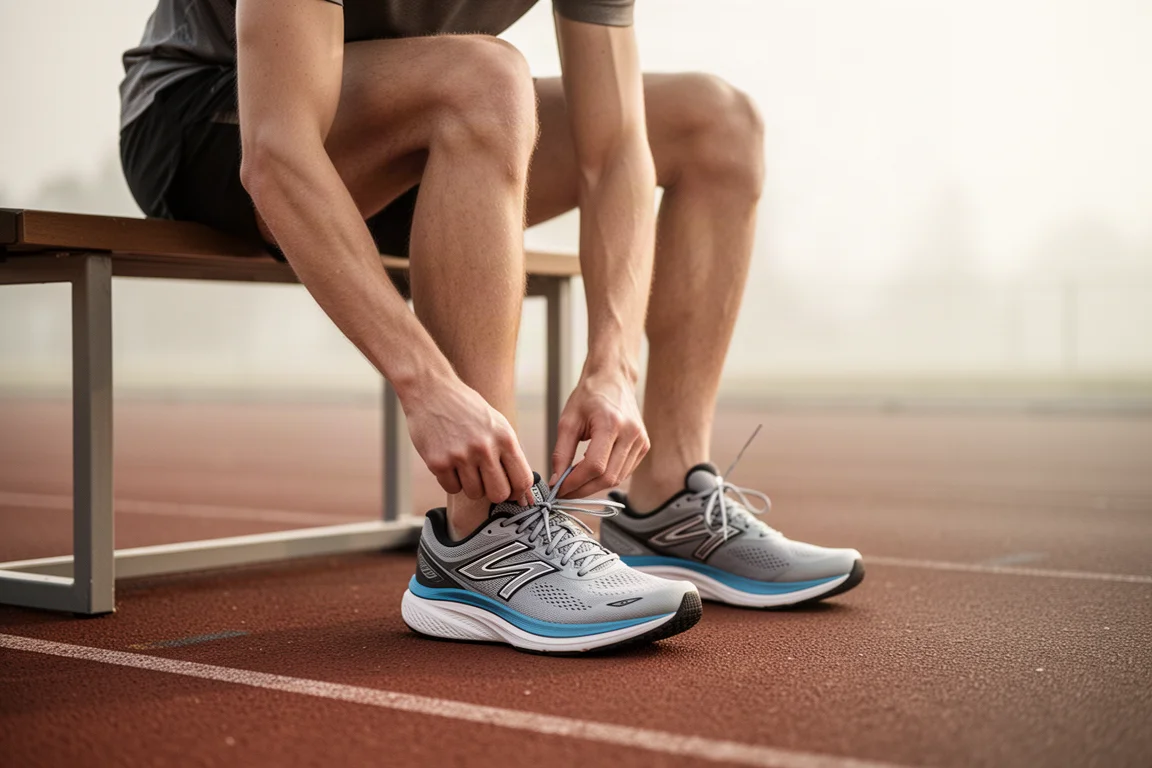 Hardloper die stabiliteitsschoenen vastmaakt op een atletiekbaan in ochtendlicht