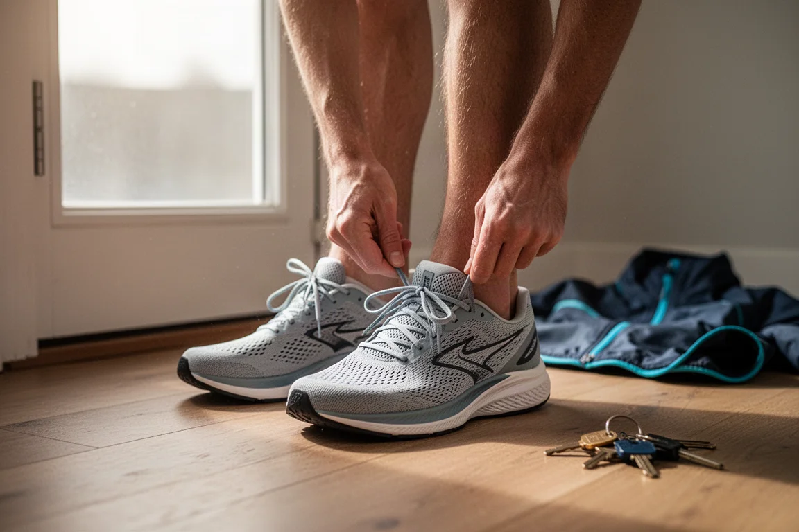 Biegacz zapinający lekkie buty biegowe przed treningiem tempowym