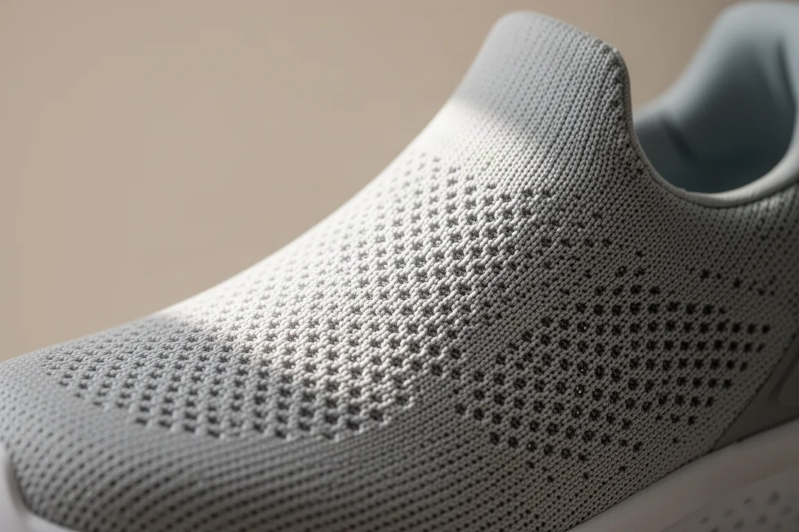 Primer plano del upper de malla técnica minimalista y los finos refuerzos de una zapatilla de running