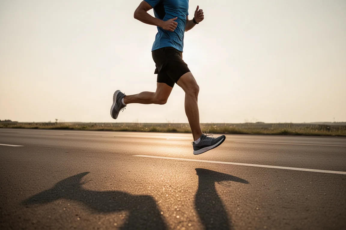 Zapatillas de running, un reloj y una botella de hidratación sobre un suelo de madera tras un run tranquilo
