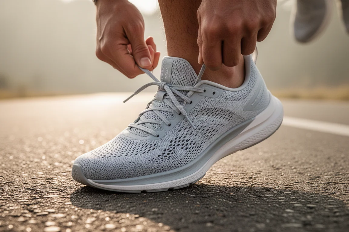 Runner tying the laces of a lightweight running shoe on a sunlit road