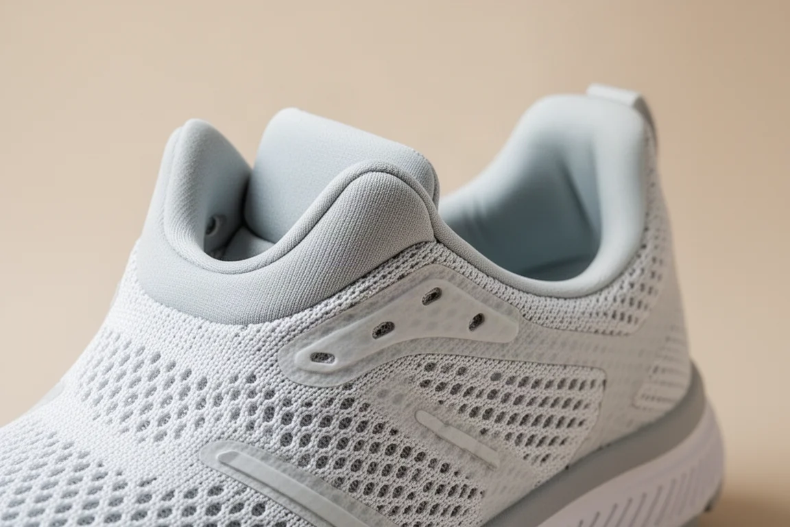 Detail view of an airy mesh running shoe upper with padded tongue