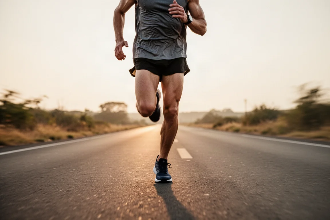 Runner picking up pace on an empty road at golden hour