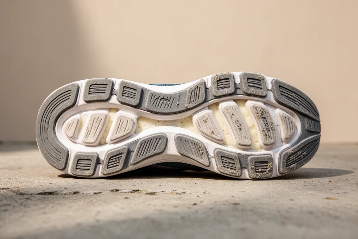 Worn outsole of a running shoe showing minimal abrasion after many miles