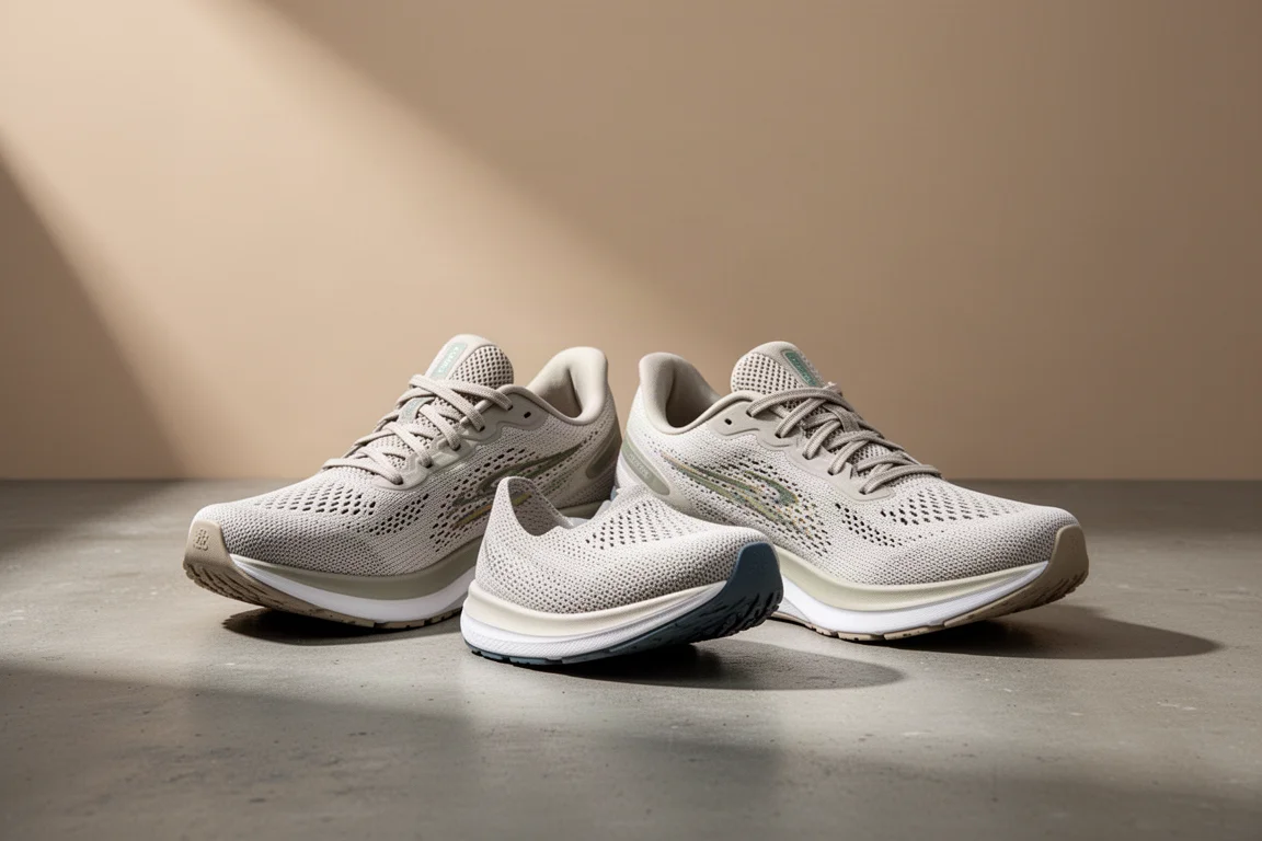 Two lightweight Saucony Kinvara running shoes side by side on concrete
