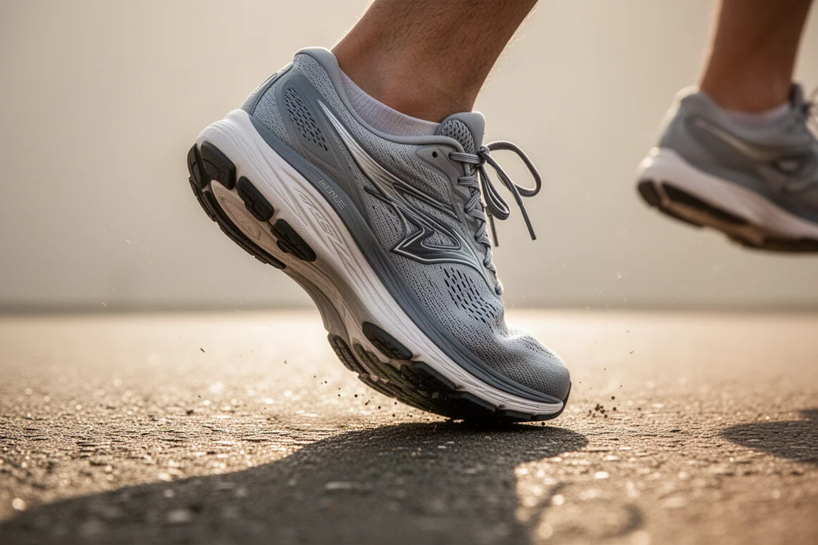 Close-up da sola de um tênis de corrida flexionando na impulsão no asfalto