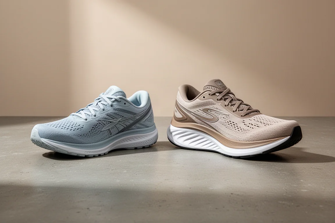 Saucony Kinvara 13 and Hoka Mach 4 running shoes side by side on concrete
