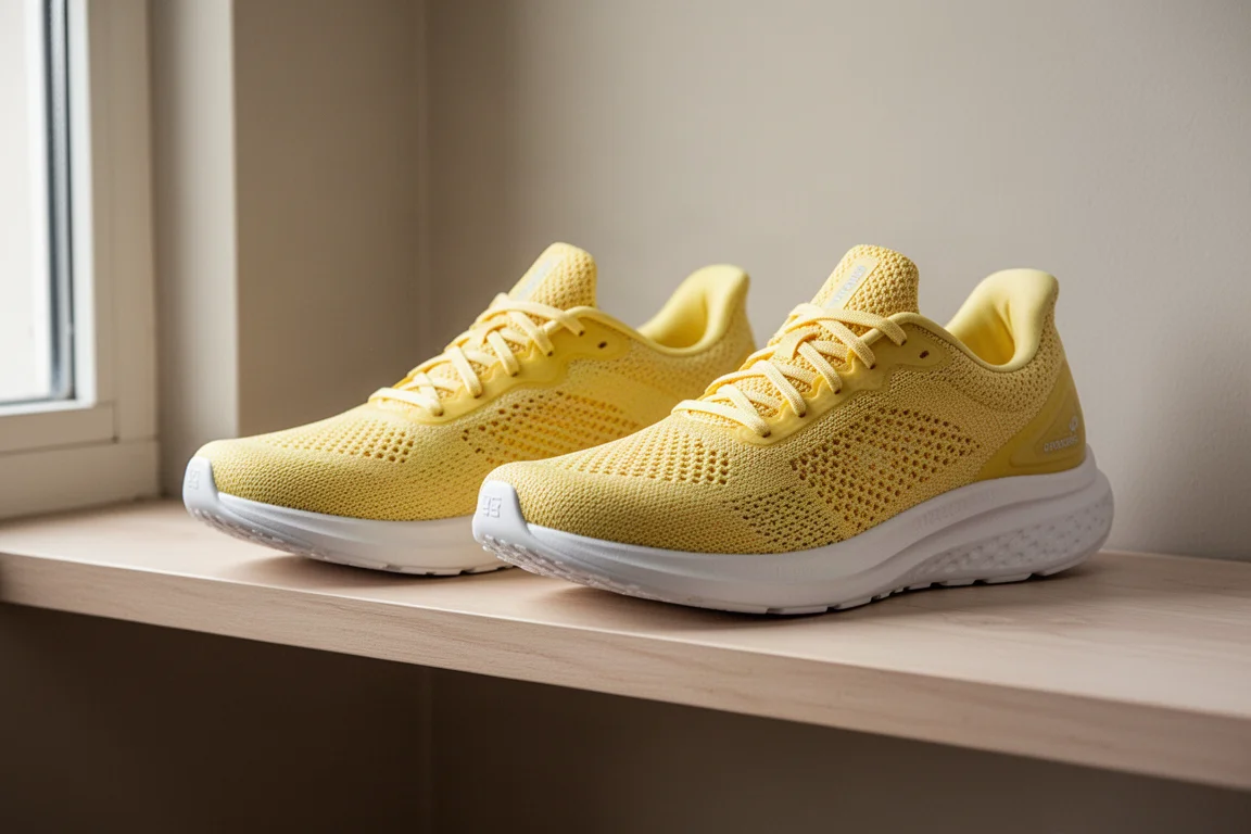 Zwei leichte Laufschuhe nebeneinander auf einem Holzregal