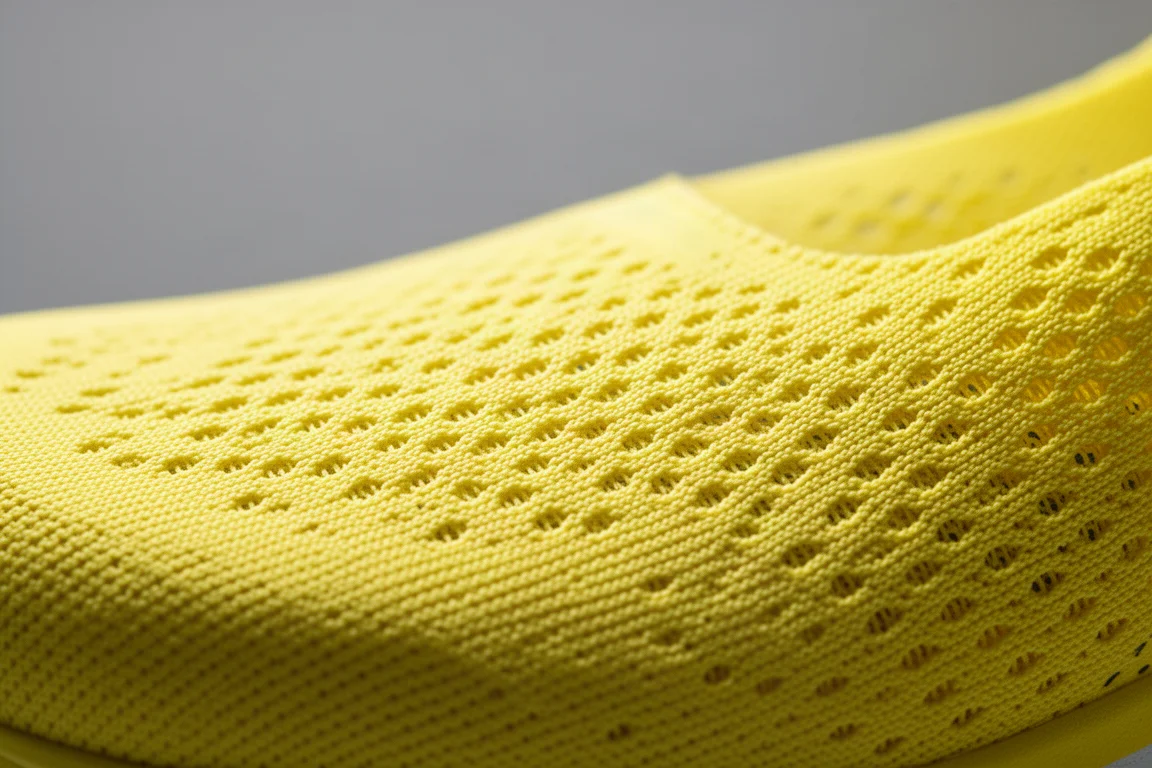 Nahaufnahme eines Mesh-Obermaterials eines Laufschuhs mit Atmungsaktivitätsdetail