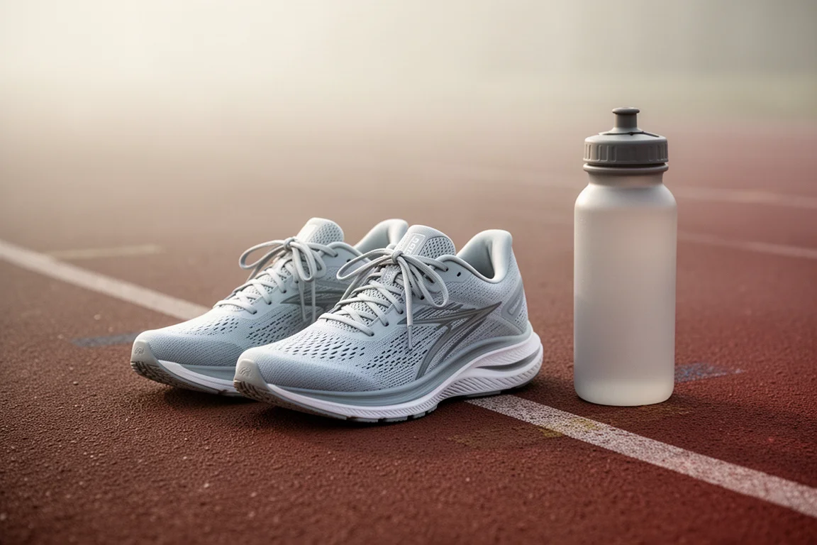 Paar Laufschuhe auf einer Laufbahn neben einer Wasserflasche