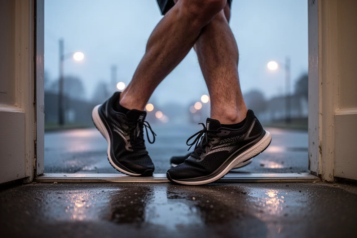 Loper strikt veters van een lichte zwarte hardloopschoen voor een ochtendloop