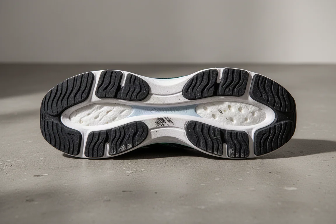 Buitenzool van de schoen met minimale rubberbedekking op de hiel en voorvoet