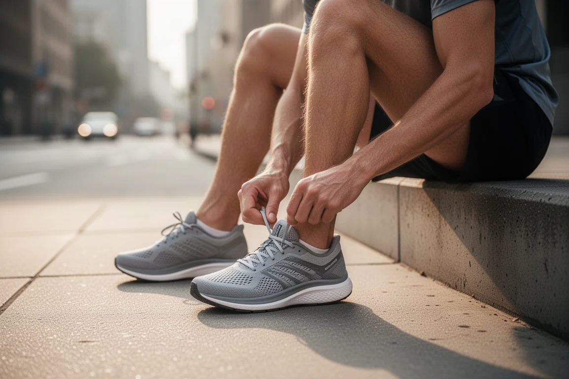 Runner che allaccia una scarpa da running leggera in rete su un marciapiede cittadino