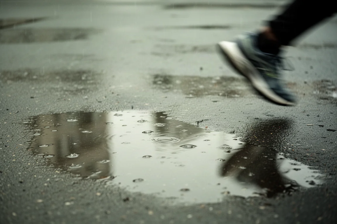 Asfalto mojado tras una fuerte lluvia durante una carrera en carretera