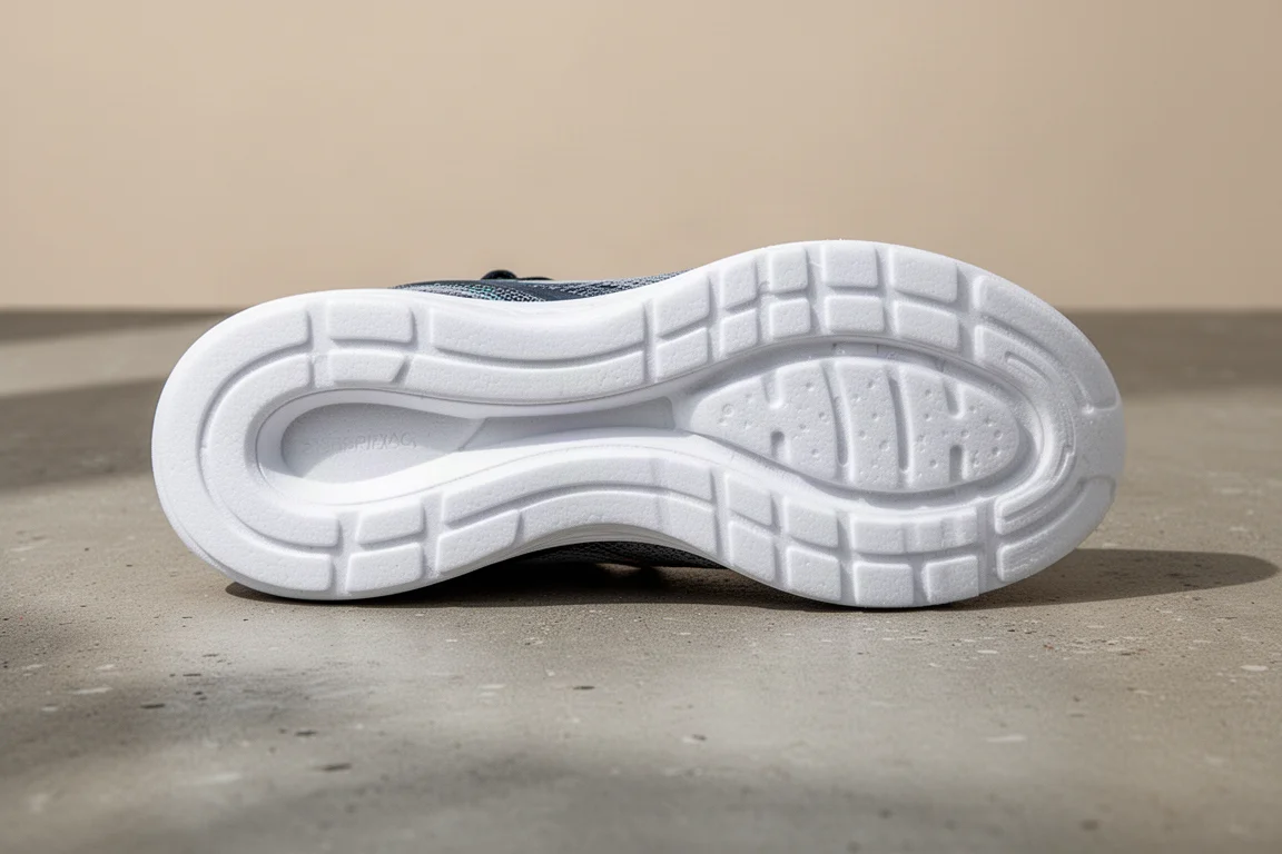 Suela de espuma expuesta de una zapatilla de running vista desde abajo