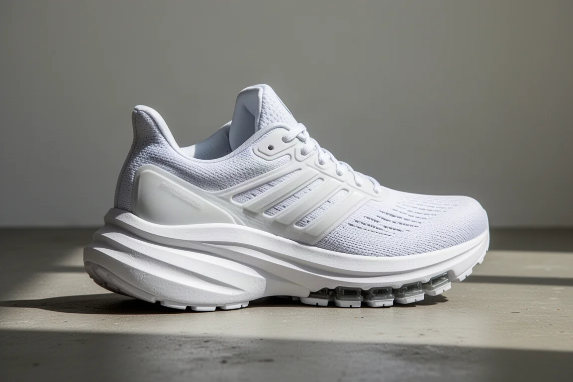 Witte Saucony Kinvara Pro hardloopschoen met maximale stack op een betonnen ondergrond
