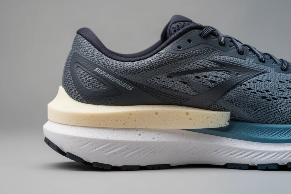 Close-up of a thick dual-density running shoe midsole showing two foam layers