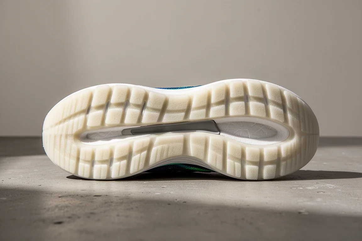 Exposed foam outsole with a decoupled groove on a running shoe