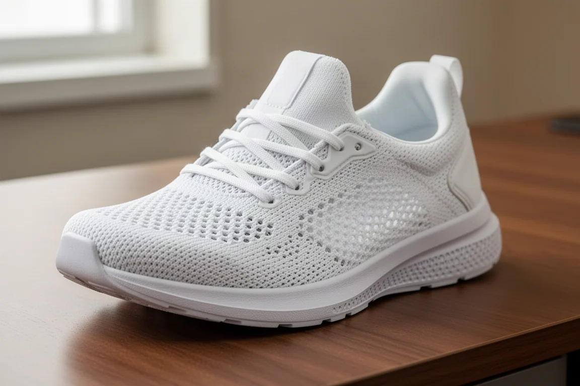 Engineered mesh upper of a running shoe in close detail