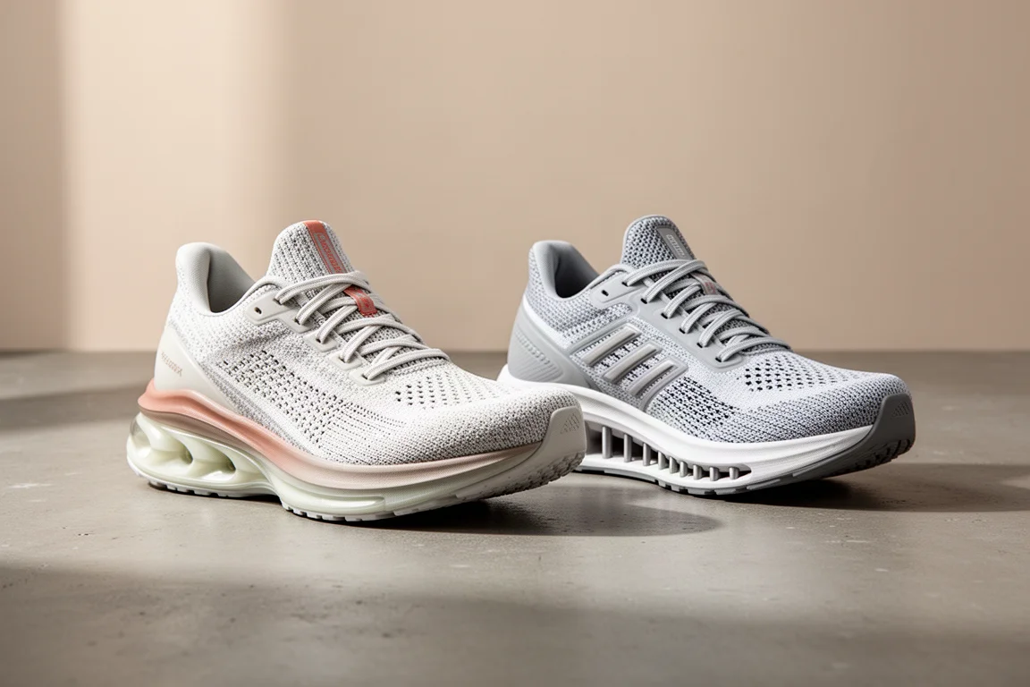 Two running shoes side by side on a matte concrete surface