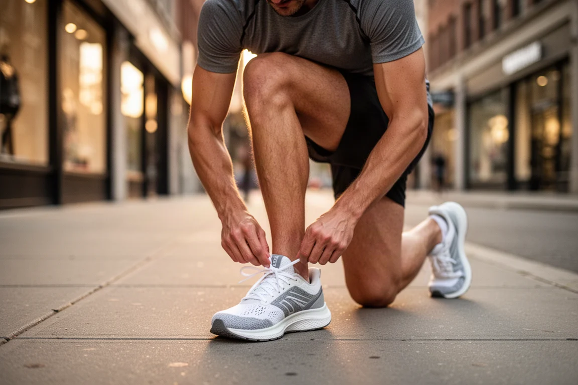 Un corridore allaccia una soffice scarpa da allenamento su un marciapiede cittadino all'alba