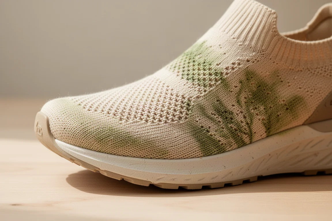 Tomaia in cotone naturale e coloranti vegetali di una scarpa da running in tonalità terrose calde