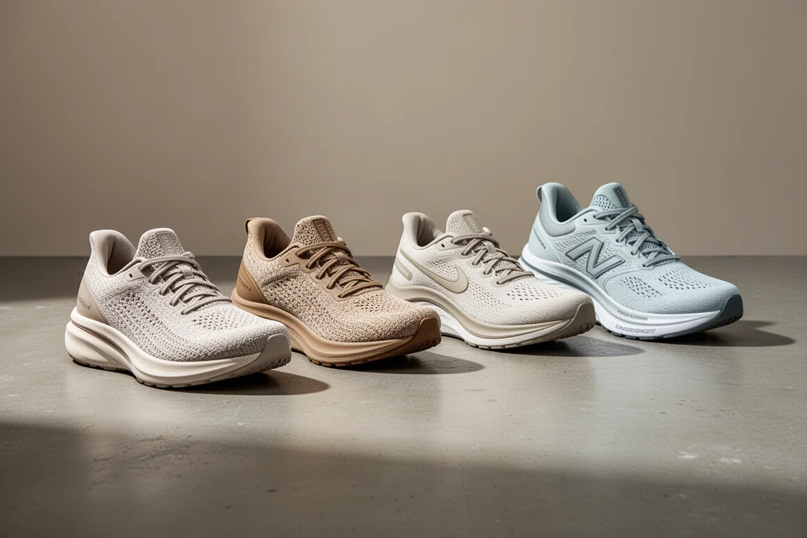 Four Saucony road running shoes lined up on a concrete floor