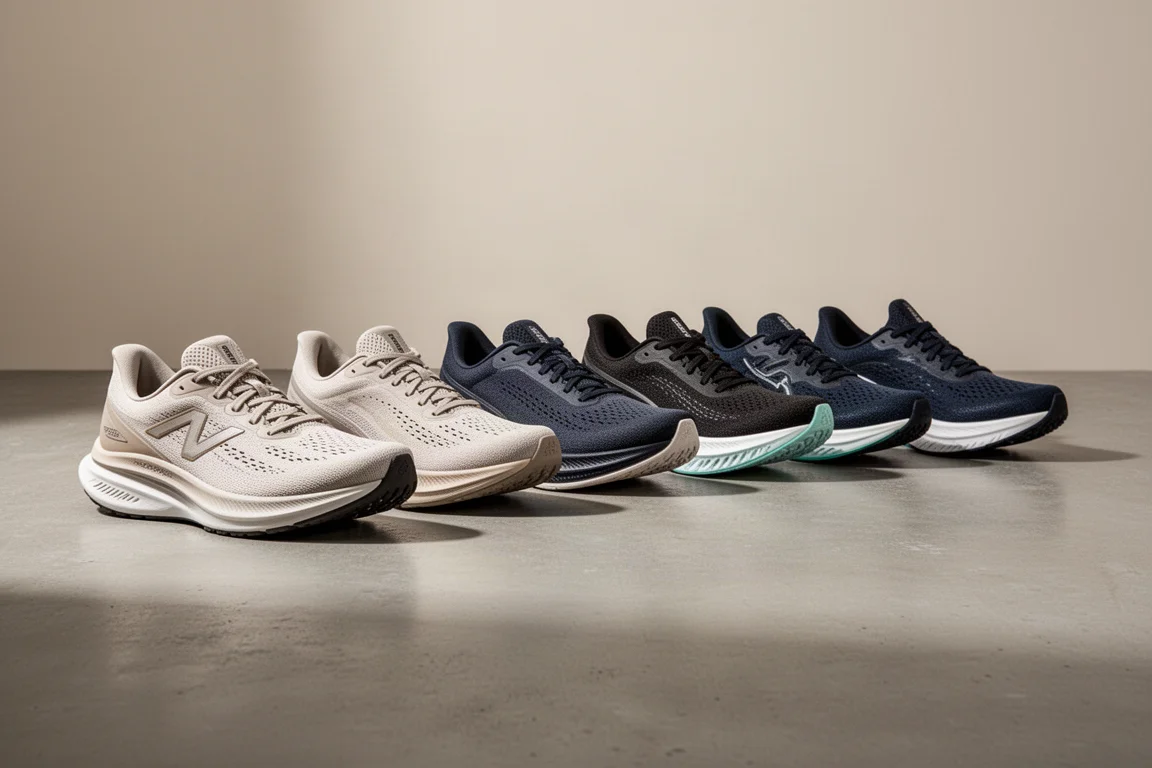 Lineup of seven Saucony running shoes on a concrete surface
