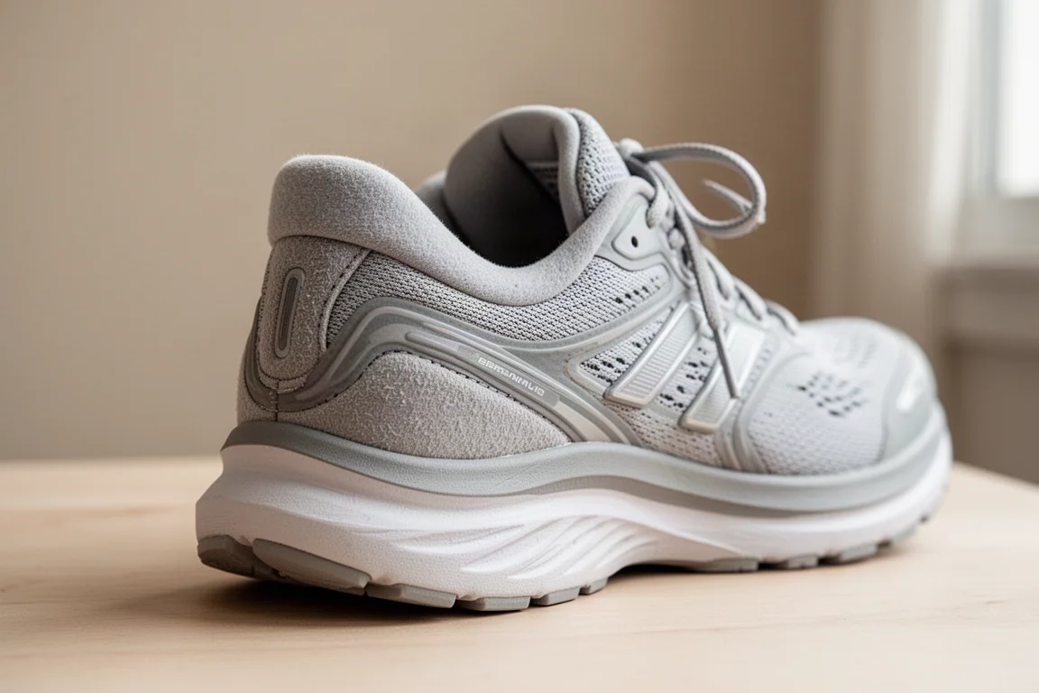 Primer plano del collar acolchado del talón y el sistema de cordones de una zapatilla de running