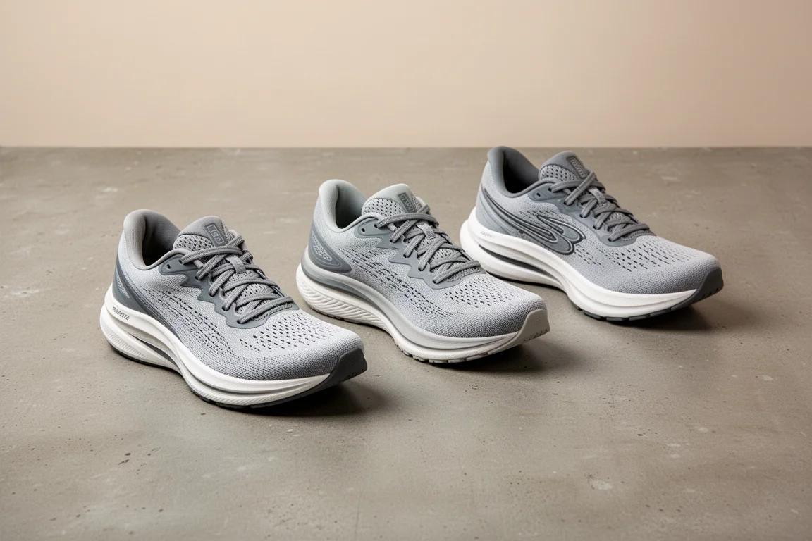 Tres zapatillas de running lado a lado sobre hormigón para compararlas