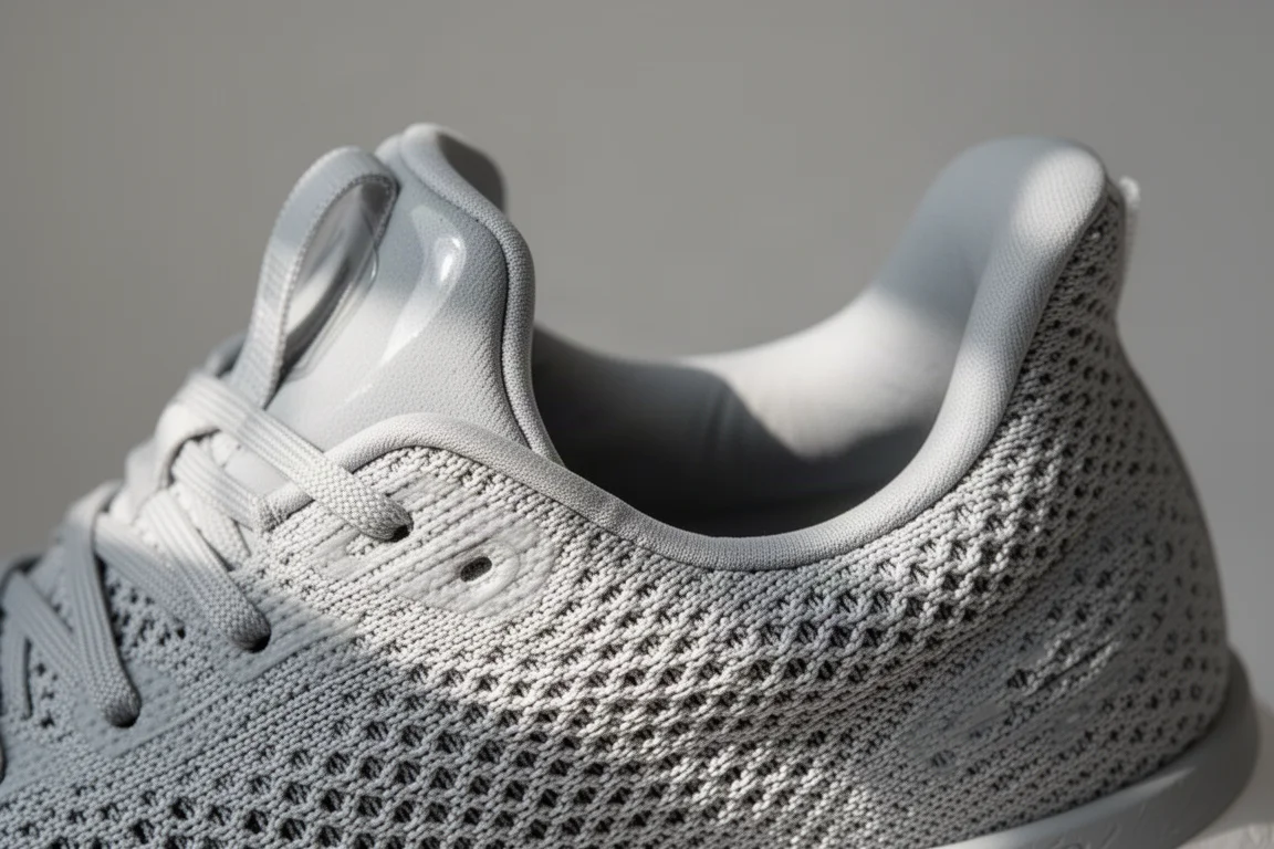 Nahaufnahme des Engineered-Mesh-Obermaterials eines Laufschuhs mit gepolsterter Zunge