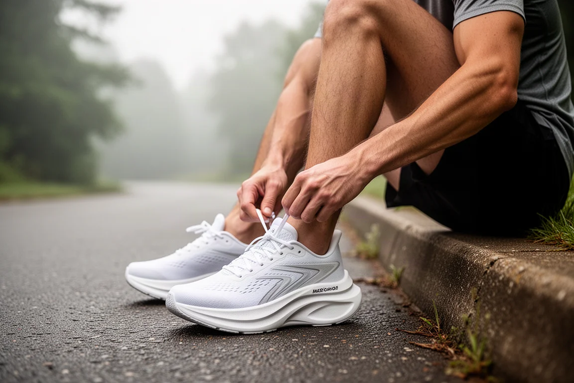 Corredor atándose los cordones de una zapatilla de running de amortiguación máxima alta antes de un trote tranquilo por la mañana