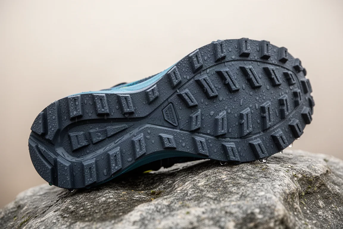 Närbild på ett trailskos yttersul med djupa dubbar och texturerat gummi