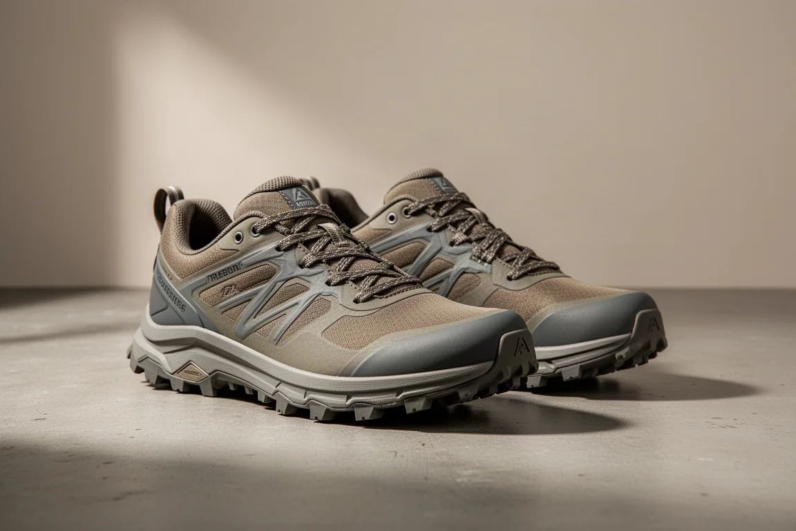 一雙 Saucony Peregrine 12 越野跑鞋擺放在水泥地面上