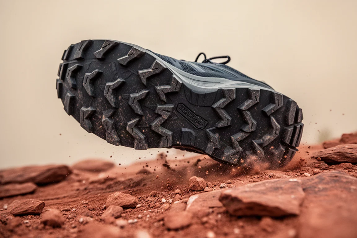 Deep lugged outsole of a trail shoe gripping wet rock