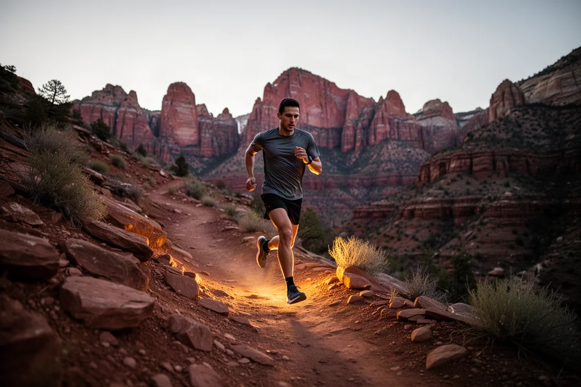 Trail runner moving along a soft dirt singletrack path at dusk