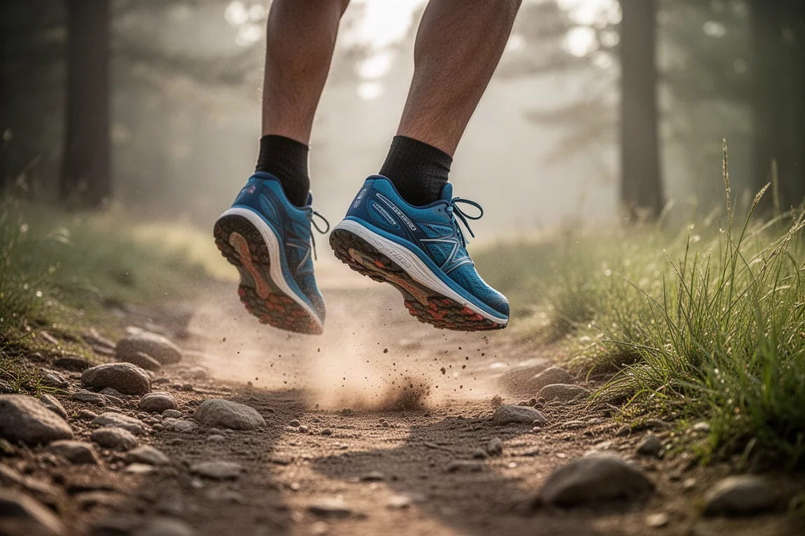 Piedi di un trail runner su un sentiero sterrato roccioso circondato dal verde