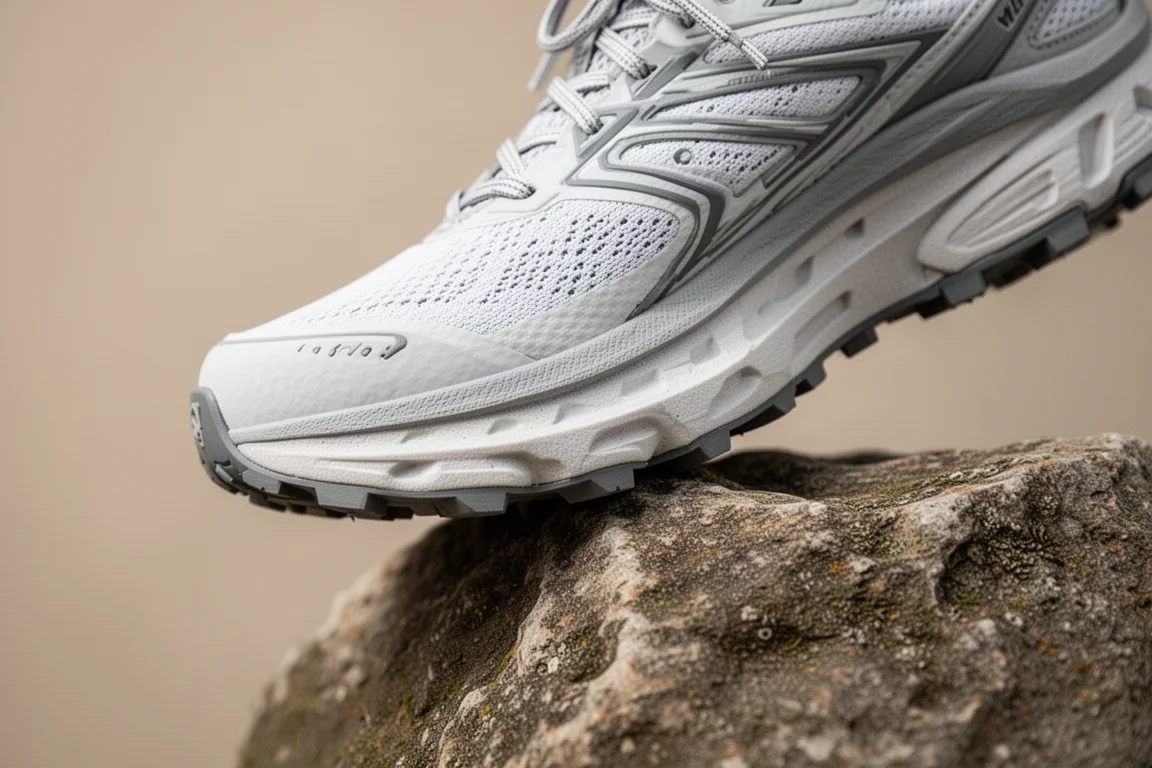 Primo piano di una intersuola ammortizzata di una scarpa trail compressa su una roccia