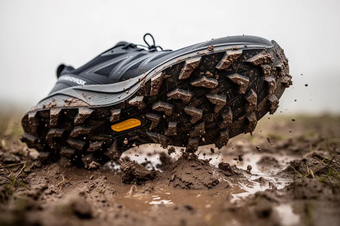 Suola di una scarpa trail con tasselli profondi che aggancia un sentiero fangoso e bagnato