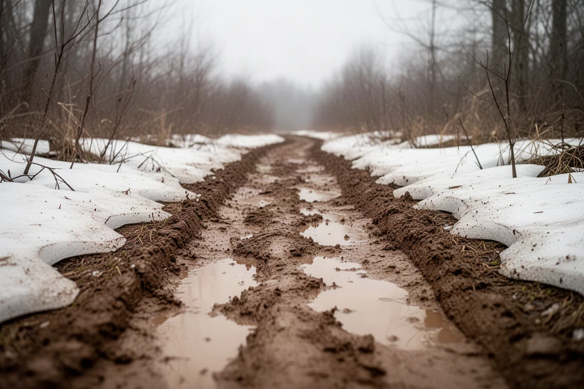 Sentier boueux avec des plaques de gadoue sous un ciel couvert
