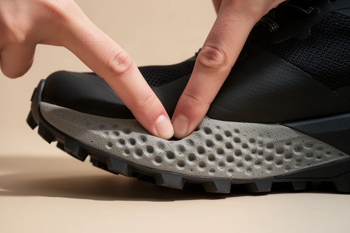 Un pouce appuyant sur la semelle intermédiaire amortie d'une chaussure de trail