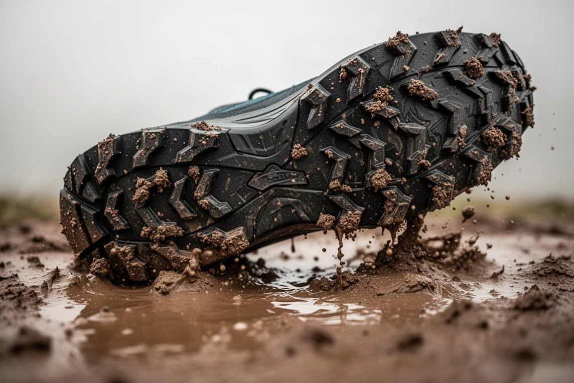 Trous profonds et agressifs d'une chaussure de trail enfoncés dans la boue molle
