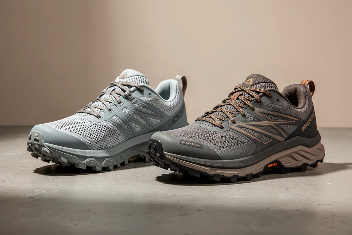 Saucony Peregrine 13 and Exodus Ultra 2 trail shoes side by side on concrete