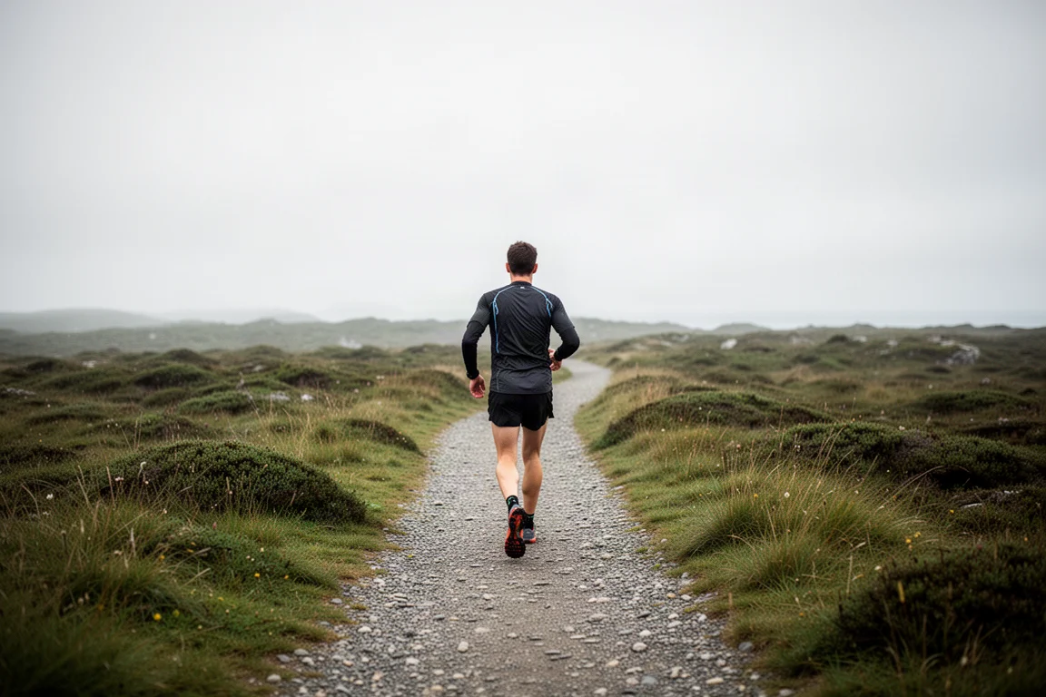 Trail Löpare som går på en grusväg genom kustnära gräsmark en mulen morgon