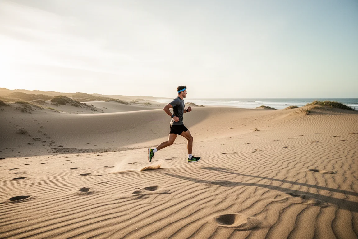 Trail Löpare som korsar ett sandigt dyneområde på en kustled