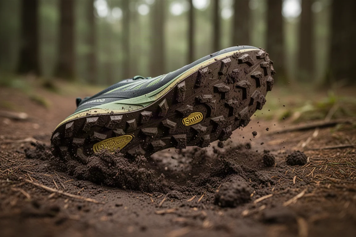 Trail shoe outsole with 5 mm lugs standing on a muddy forest path