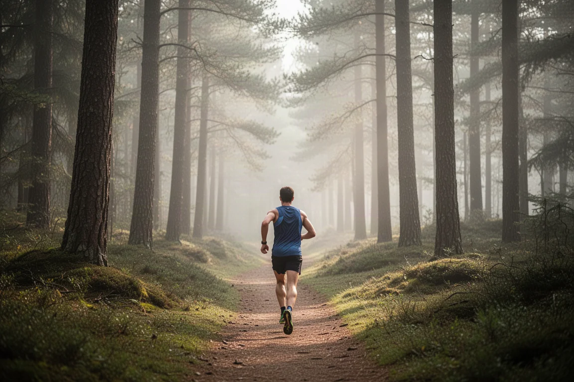 Runner on a rolling forest trail in soft morning light